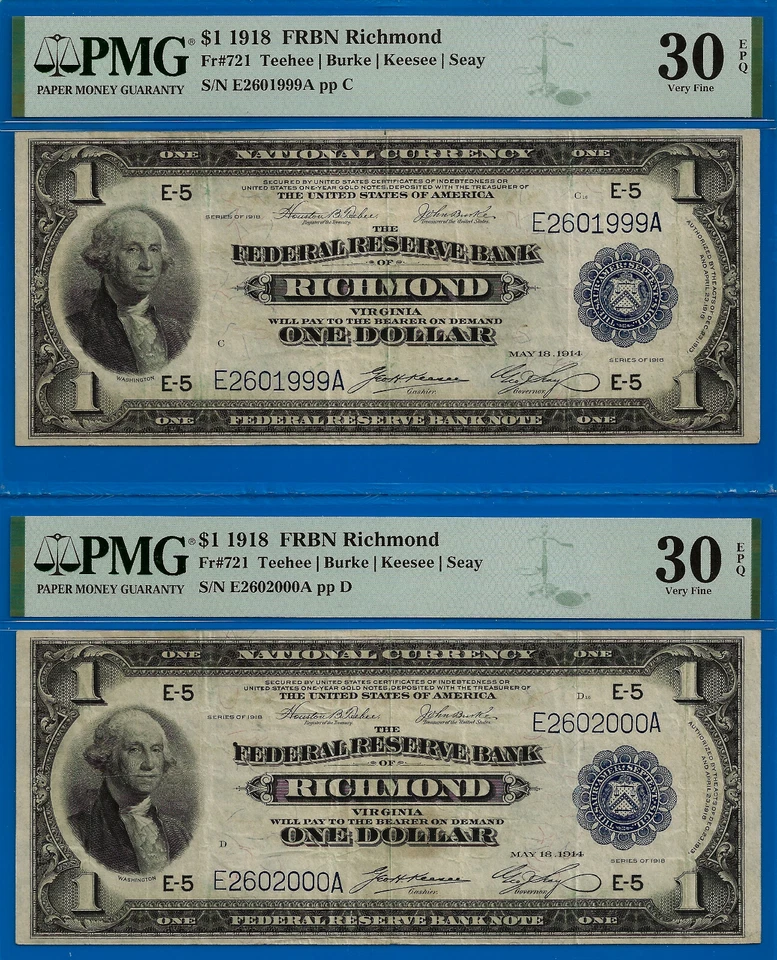 1918 $1 Federal Reserve Bank Note Richmond PMG 30EPQ - Crazy Rare Rollover Pair - Image 1 of 2