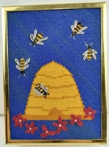 Vintage Hand Stitched Embroidered Picture Bees Beehive Needlework Framed Boho - Picture 1 of 9