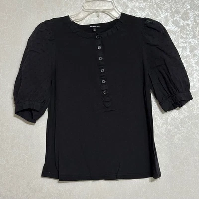 Who What Wear Solid Black Blouse Swiss Dot Puff Sleeve Half Button Down Top XS - Image 1 of 4