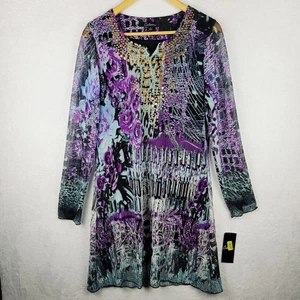 Bohemian Dress L Midi Knit Sheath Line Long Sleeve Purple Colorful Stud Decor - Picture 1 of 10