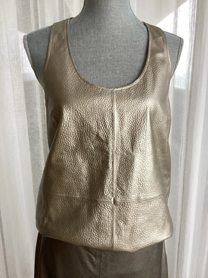 Camiseta sin mangas Brunello Cucinelli cuero texturizado metálico talla 42 M 6 nueva $2225 Foto 1 de 4