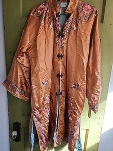 Vintage 1950's Silk Embroidered Jacket Robe Orange Blue Flowers Birds China - Picture 1 of 23