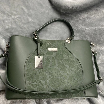 Bolsa de mão de couro italiana tiracolo verde em relevo padrão floral em excelente estado usado - Imagem 1 de 4