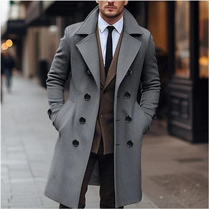 Men Mid-length Double-breasted Windbreaker British Thick Woolen Coat Slim Winter - Picture 1 of 16
