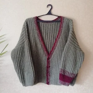 Sweater Men Plus Size Wool Hand Knitted Khaki Big Tall Striped Jacket  Button - Picture 1 of 11