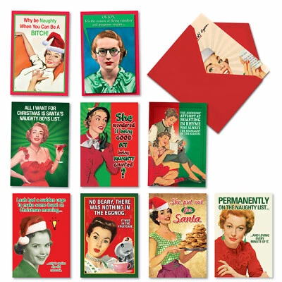 NOBLEWORKS 10 Assorted funny Xmas cards w/ 5x7" Envelopes - Naughty is Nice