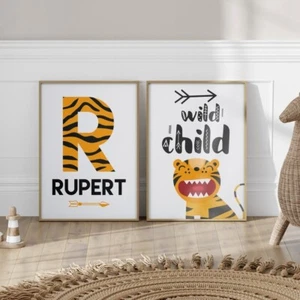 Wild Child Tiger Set of 2 Personalised Wall Art Prints Poster Nursery Kids 607 - Picture 1 of 4