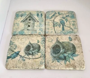 Set of 4 Tim Coffey 4” Blue White Resin Coasters Birdhouse Blue Jays Nests Birds - Picture 1 of 13