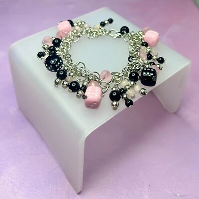 Brazalete Dije de Dados Rosa, Negro y Plata - Nuevo con Etiquetas Hecho a Mano Foto 1 de 3