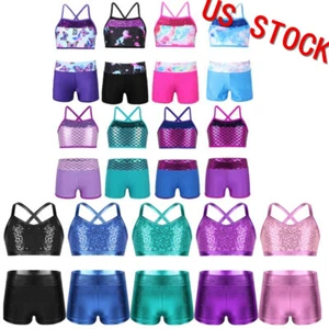 Girls Dance Outfits Jazz Gymnastics Sequins Dancewear Crop Tops with Shorts - Picture 1 of 86