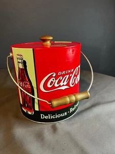 Coca-Cola Textured Ice Bucket/Chest  Includes Lid Plastic Interior Wood Handle  - Picture 1 of 8