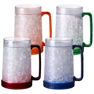 Double Wall Gel Frosty Freezer Ice Mugs Clear 16oz Set of 4 Blue Red Orange a... - Image 1 of 4