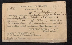 1943 Dept Of Health Washington DC- Food Handler Medical Exam Card - Picture 1 of 2