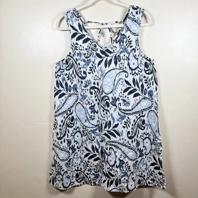 Vestido de lino Lucky Brand para mujer M blanco azul cachemira cambio bolsillos sin mangas Foto 1 de 4