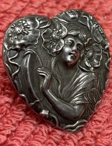 UNGER BROS ART NOUVEAU STERLING SILV HEART LOCKET BROOCH MAIDEN POPPY TAMBOURINE - Picture 1 of 15