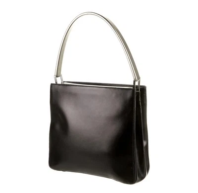 PRADA ВИНТАЖНЫЙ МЕТАЛЛИЧЕСКИЙ РУЧКИ ЧЕРНАЯ КОЖАНАЯ СУМКА РЕДКАЯ С СЕРТИФИКАТОМ ПОДЛИННОСТИ - Изображение 1 из 4