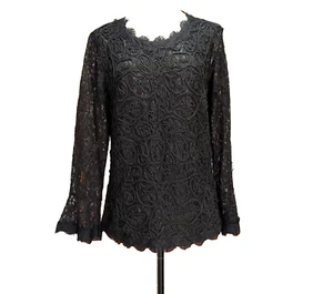 Blusa túnica pulóver suave envolvente talla PXL negra de encaje forrada bordada - Imagen 1 de 7