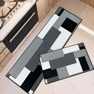 Black Grey Geometric Kitchen Rugs and Mats Non Skid Washable Set of 2 Checked... - Picture 1 of 7
