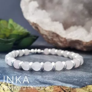 925 Sterling Silver bead & Chunky Rose Quartz Stacker Bracelet by INKA - Picture 1 of 6