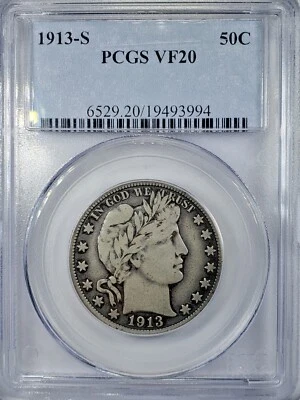  1913-S SILVER Barber Half Dollar PCGS VF20  - Image 1 of 4