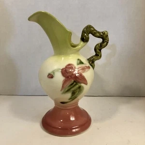 Hull Pottery Pitcher Woodland Vase Ewer W6 1950s Pink Green Twig Handle 6.5" Vtg - Picture 1 of 4