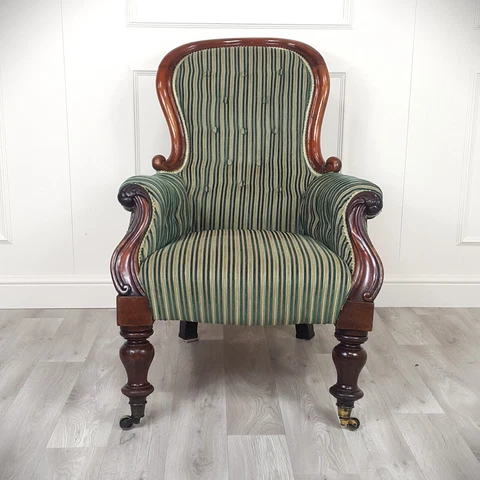 Antique Carved Armchair Upholstered In Green - F255 Cover