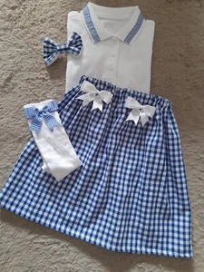 GIRLS SCHOOL UNIFORM SET 2-14 SKIRT POLO SHIRT CLIP SOCKS ROYAL BLUE GINGHAM - Picture 1 of 2
