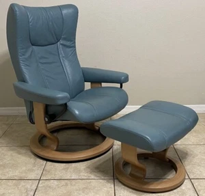 Ekornes Stressless Leather Wing Recliner Chair & Ottoman Luxury Norway Furniture - Picture 1 of 15