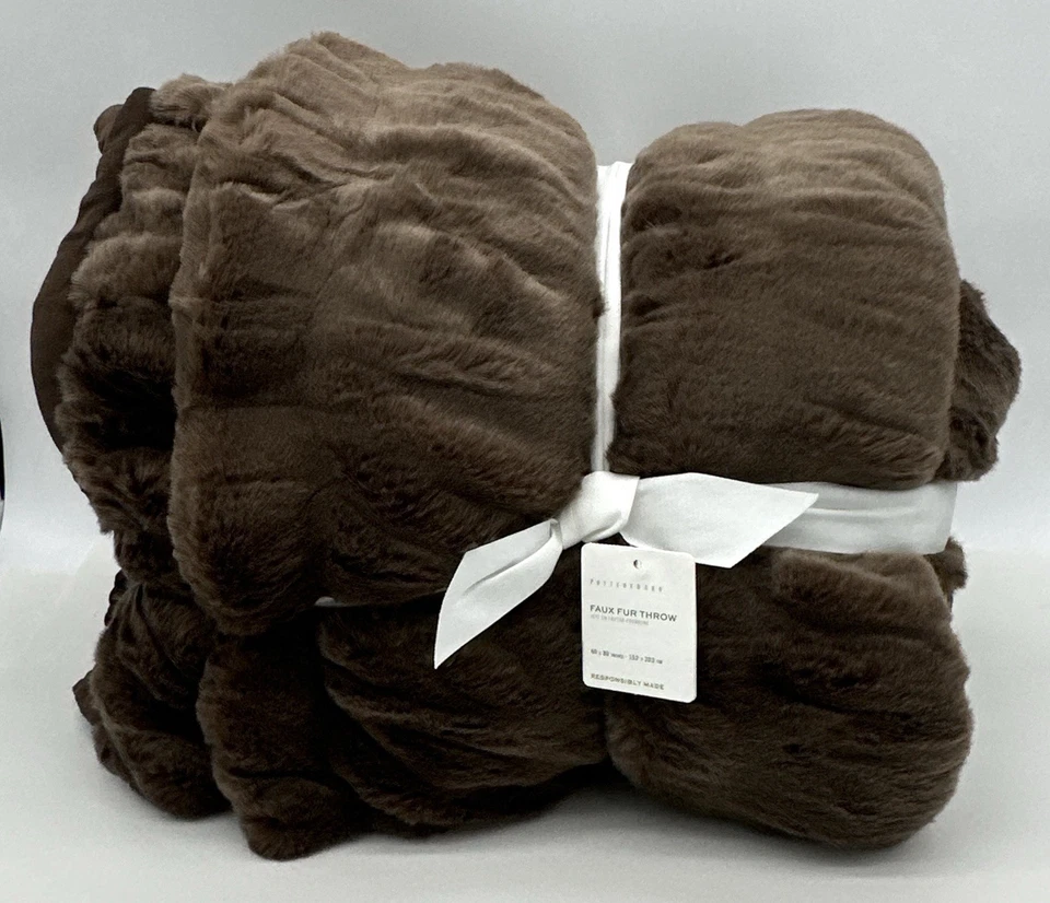 Pottery Barn~Faux Fur Throw OVERSIZED Ruched ~60 x 80"~Mocha - Image 1 of 1