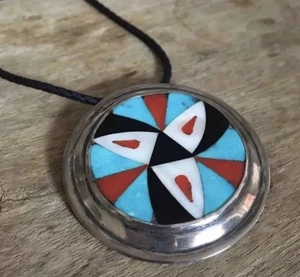 SILVER Rare LARGE Vintage Native American Necklace Turquoise PENDANT BROOCH - Picture 1 of 8