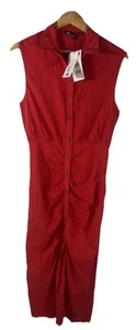 Zara Damen rot ärmellos vorne geknöpft gerafft Leinenmischung Midikleid Neu mit Etikett Large - Bild 1 von 12