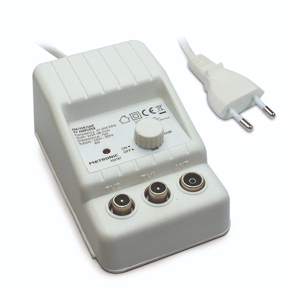 METRONIC Amplificatore TV da interno. 1 ingresso/2 uscite.