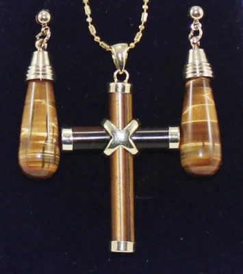 Natural Tiger's Eye Latin Cross pendant Necklack earrings set, Crystal Healing  - Image 1 of 3