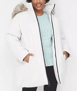 NEU LANE BRYANT WEISSER SCHWERER GEFÜTTERTER MANTEL MIT KAPUZE KUNSTFELL ABNEHMBARE KAPUZE GRÖSSE 18/20 - Bild 1 von 9