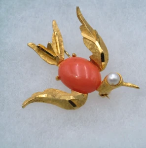 Vintage BSK Signed Pearl & Orange Peach Cabochon Jelly Bird Gold Tone Pin Brooch - Picture 1 of 5