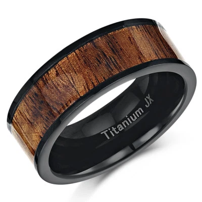 Anillo de boda/compromiso de titanio negro para hombre incrustación central de madera de koa banda de 8 mm Foto 1 de 2