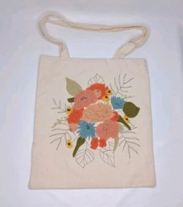 Floral Embroidered Cotton Canvas Tote Bag 14" x 13" - Picture 1 of 13