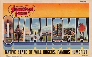 Oklahoma OK Will Rogers Greetings From Large Letter Linen 9A-H1449 Postcard - Picture 1 of 2