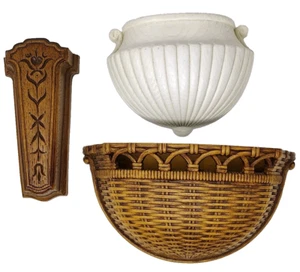 VTG Homco Wall Pocket Planter Faux Wood Wicker Brown White Hanging Decor LOT 3 - Picture 1 of 12