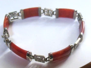 925 Sterling Silver Red Jade Chinese Bracelet 7.5" - Picture 1 of 4