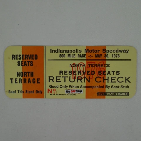 1976 Indianapolis 500 North Terrace Return Check Ticket Credential Brickyard Cover