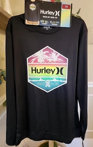 Hurley Kids Rashgaurd Unisex Black Long Sleeve Swim Shirt Youth UPF50+ 7/8 NEW - Picture 1 of 2