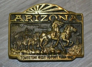"ARIZONA TOMBSTONE WEST TO FORT YUMA 1885" HANK RICHTER VINTAGE BELT BUCKLE - Picture 1 of 3