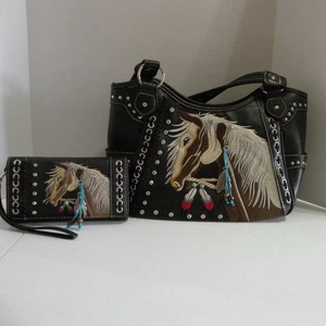 Cartera de cuero negra y muñeca a juego caballo estilo silla occidental 13" x 5" x 8" - Imagen 1 de 23