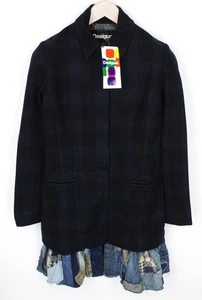 DESIGUAL Snowrobot Women's Coat 36 Blue Wool Cotton Checked Pattern Collar - Picture 1 of 12
