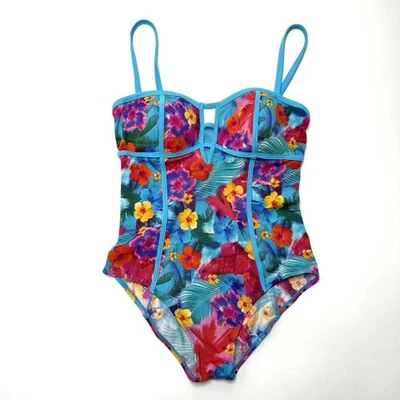 Beach Betty Miracle Brands One Piece Swimsuit M Floral Multicolor Keyhole Blue - Image 1 of 4