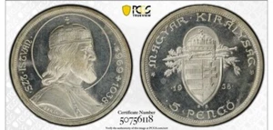 HUNGARY: Restrikes, AR 5 pengö, "1938-BP", Y-48, KM-516., PCGS PR64 CAMEO - Picture 1 of 2