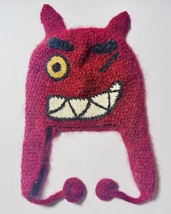 Perika Peruvian Trading Co Red Knit Beanie Hat Emo Funny Demon Emoji Face Snow - Picture 1 of 4