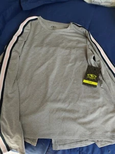 YOUTH GIRLS ATHLETIC WORKS GREY L 10-12 T-SHIRT. PINK & WHITE STRIPE DOWN SL NWT - Picture 1 of 7