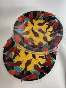 Peggy Karr Fused Glass Red Hot Chili Pepper Bowls Set 2 Tier Stand Chip Dip Set - Picture 1 of 9